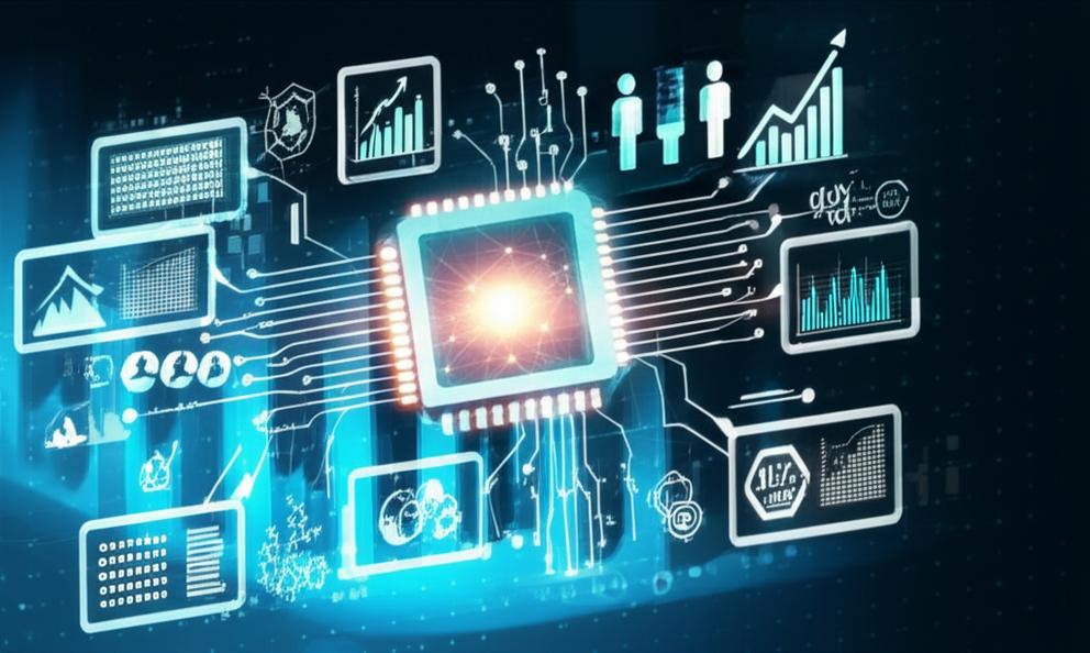 Minh họa AI Marketing với các yếu tố dữ liệu, cá nhân hóa và tăng trưởng.