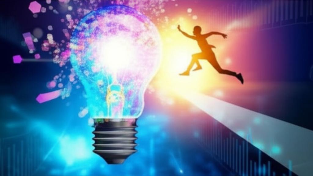 Biểu tượng đột phá và sáng tạo với bóng đèn rực sáng và người vượt qua thử thách.