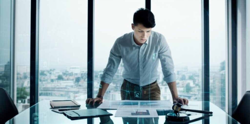 Doanh nhân trẻ làm việc với bản phác thảo sản phẩm và tài liệu SHTT, tượng trưng cho sự đổi mới và bảo vệ pháp lý.