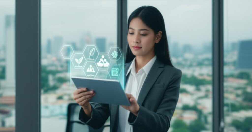 Phần mềm bán hàng offline 2 Nữ doanh nhân Việt Nam xem báo cáo ESG trên máy tính bảng.