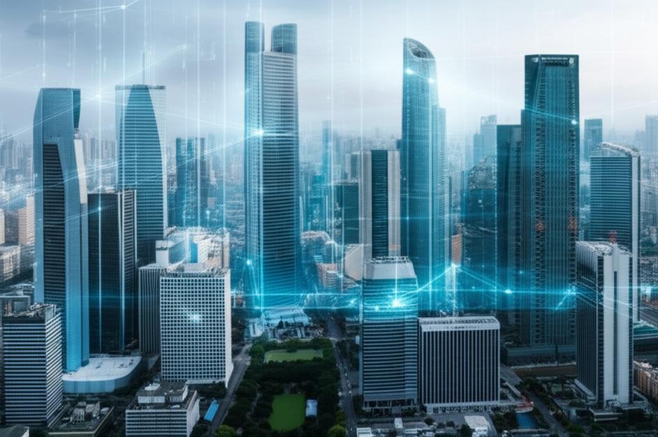 Thành phố tương lai rực rỡ với luồng dữ liệu khổng lồ, biểu tượng cho cuộc cách mạng Big Data trong kinh doanh.