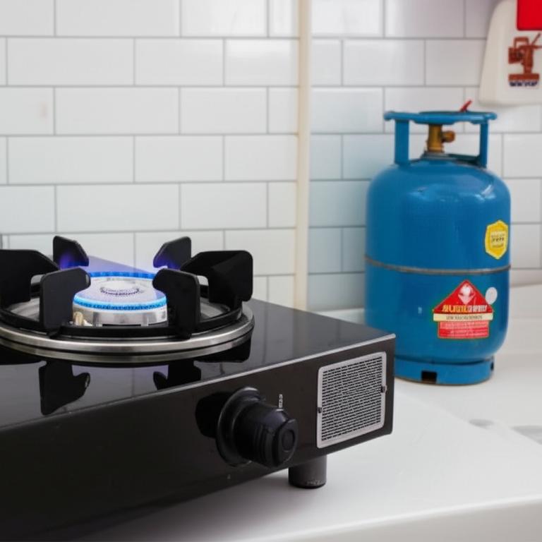 Bếp ga và bình ga đặt an toàn trong gian bếp thoáng đãng.