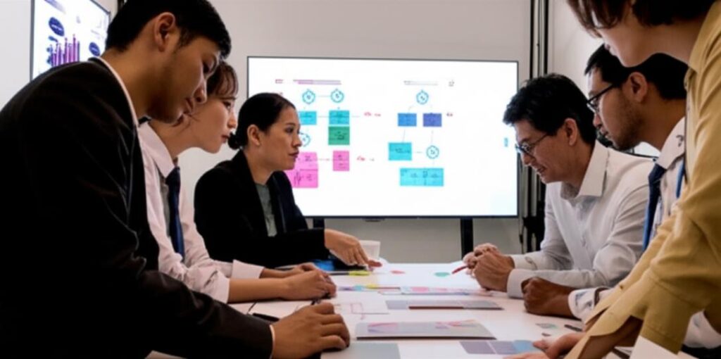 Nhóm nhân viên đang phân tích sơ đồ quy trình và dữ liệu kinh doanh trong một không gian làm việc hiện đại.