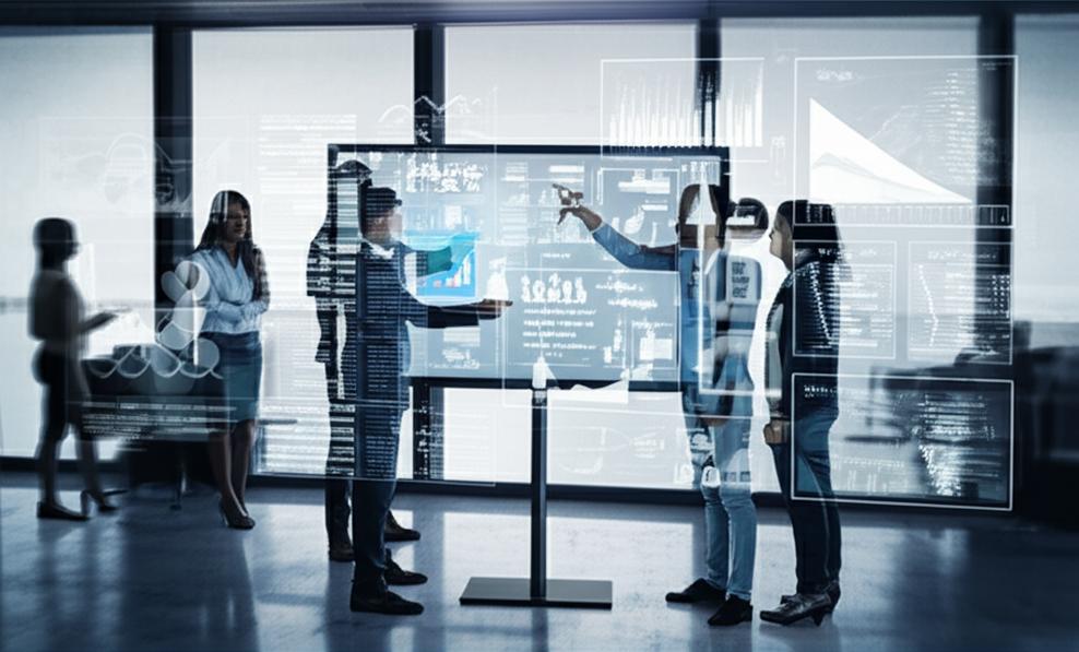 Bí Mật Thành Công: Khám Phá Mô Hình Kinh Doanh Độc Đáo Của Các Ông Lớn 1 Business leaders strategizing around a digital display of global business models and data, highlighting innovation and the role of management software.