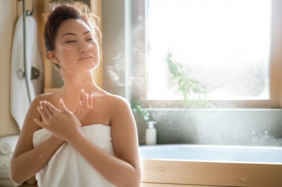 Phụ nữ thoa kem dưỡng thể trong phòng tắm thư giãn.