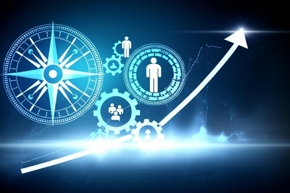 Hình minh họa chiến lược thương hiệu với các biểu tượng của sự định hướng, hợp tác và tăng trưởng.