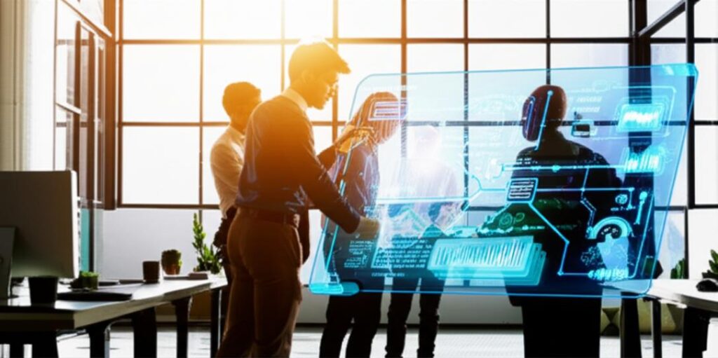 Không gian làm việc hiện đại với màn hình hiển thị số hóa.