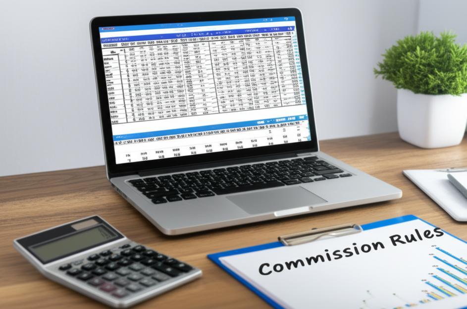 Desk setup with laptop showing sales report, calculator, and notepad labeled 'Commission Rules'.
