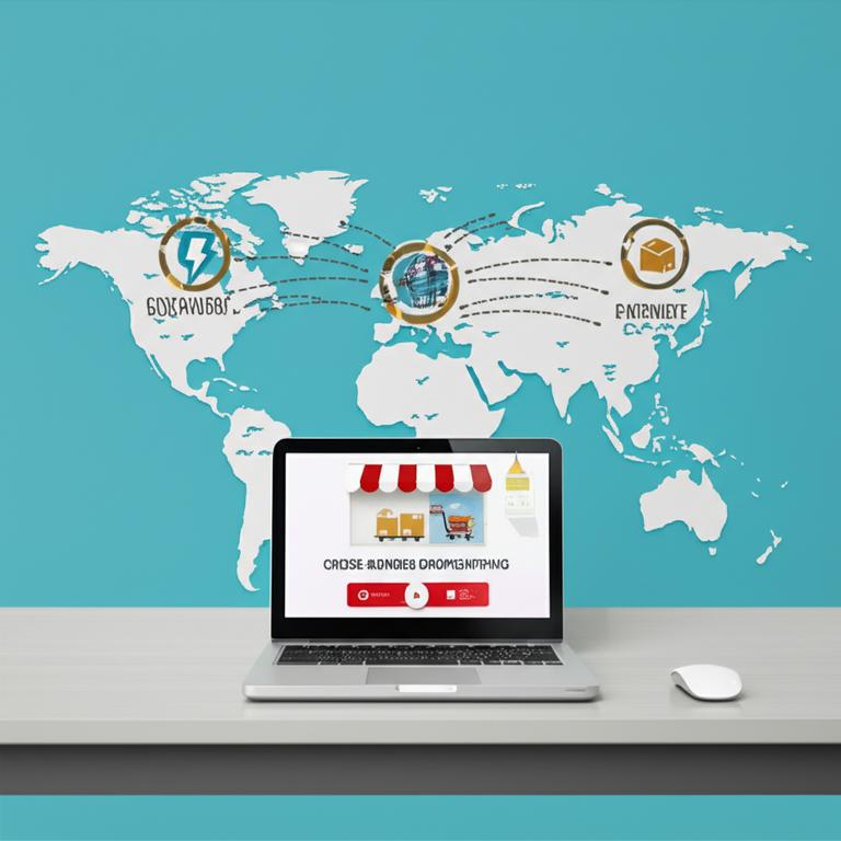 Infographic explaining cross-border dropshipping with global shipping routes and e-commerce icons.