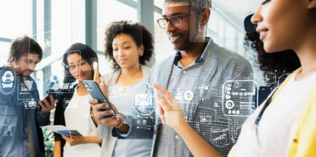 Hình ảnh về trải nghiệm khách hàng tích cực và liền mạch qua các điểm chạm kỹ thuật số và vật lý, được hỗ trợ bởi công nghệ.