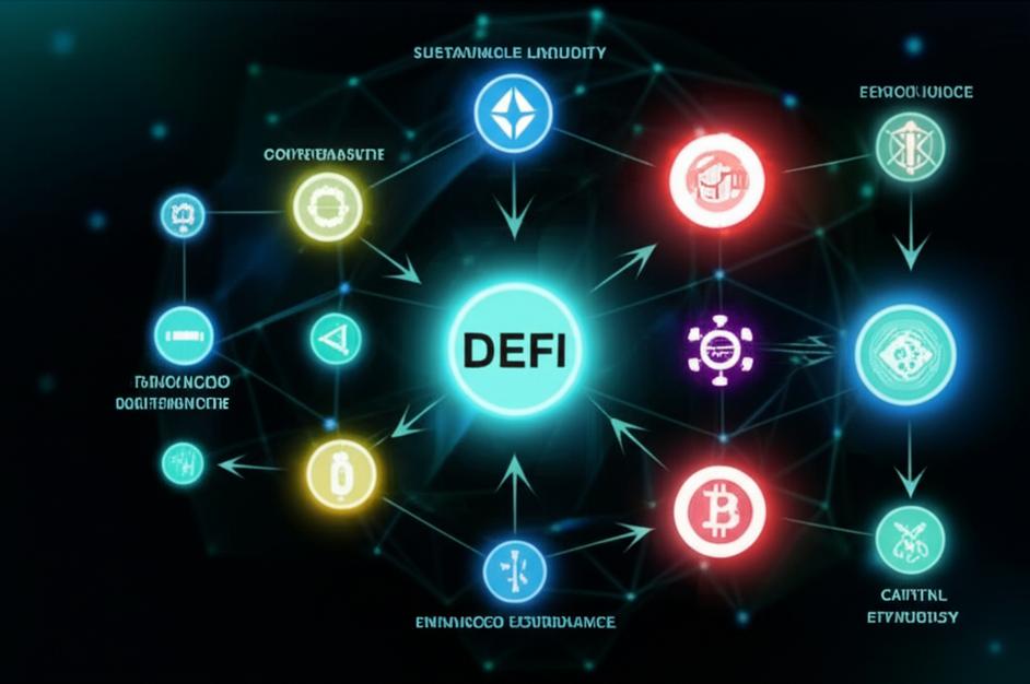 Giao diện tương lai hiển thị lợi ích của DeFi 2.0 như thanh khoản bền vững và quản trị nâng cao.