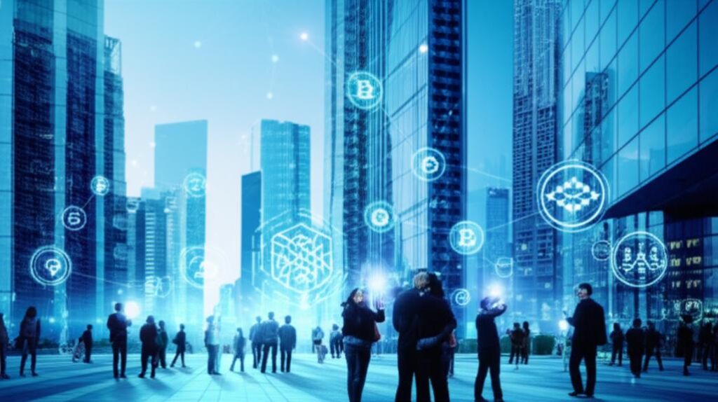 Thành phố tương lai với biểu tượng DeFi tích hợp.