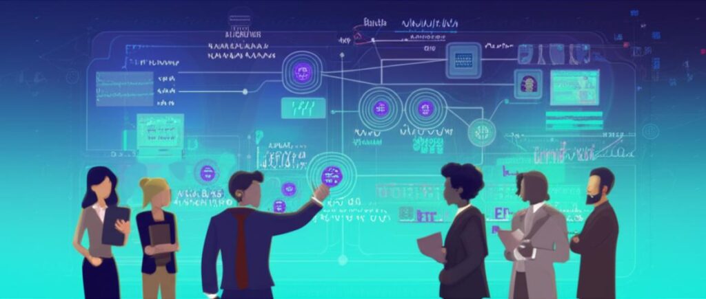 Minh họa Dify.ai: các chuyên gia tương tác với giao diện phát triển ứng dụng AI trực quan, thể hiện sự đổi mới và dễ tiếp cận.