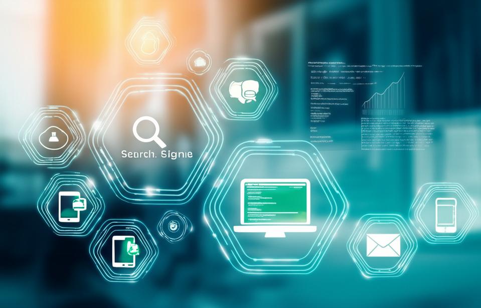 Infographic illustrating digital marketing channels and business growth with software integration.