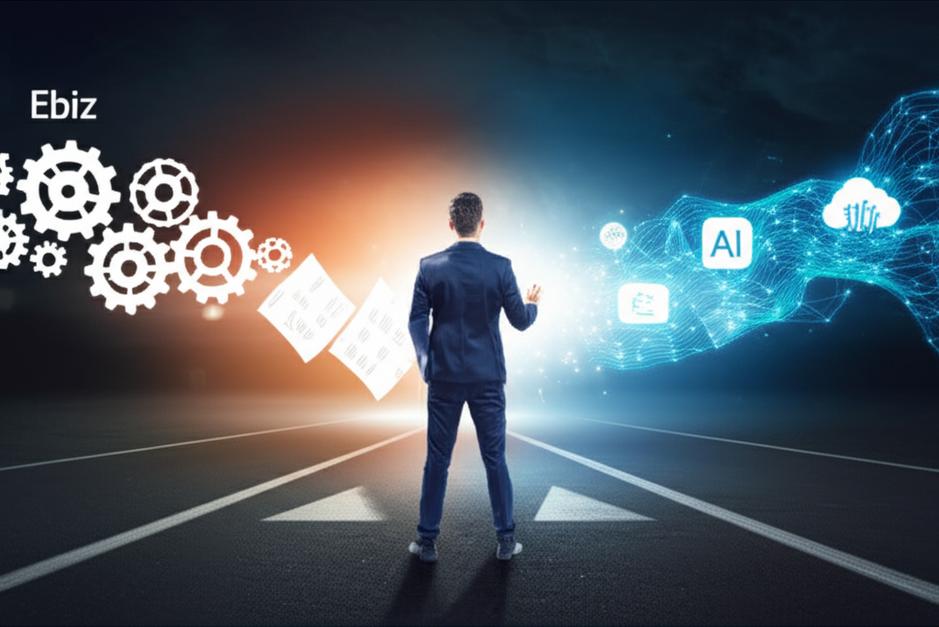 Business leader choosing the digital transformation path over traditional methods, symbolizing innovation and future growth with potential links to Ebiz solutions.