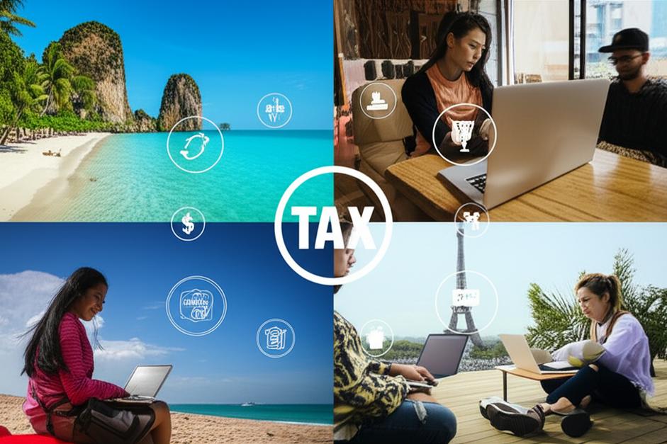 Digital nomads working in beautiful international locations, with subtle tax-related elements.