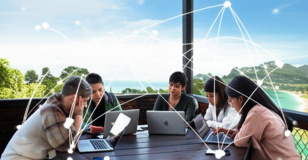 Nhóm người trẻ làm việc từ xa tại địa điểm đẹp, thể hiện kết nối toàn cầu.