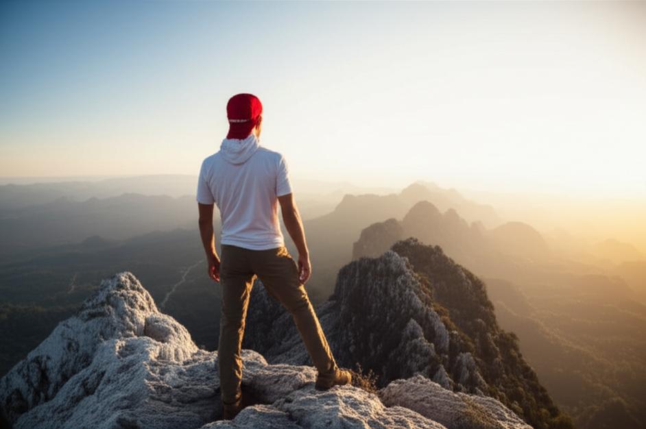 Người chinh phục đỉnh núi dưới ánh bình minh, biểu tượng của sức mạnh vượt khó.