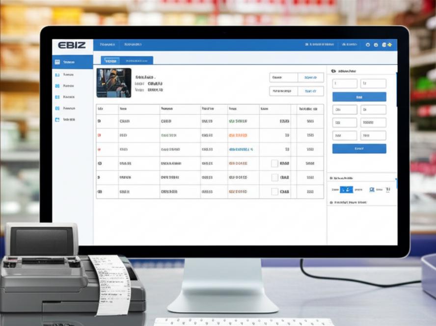 Giao diện phần mềm bán hàng Ebiz Offline trên máy tính tại quầy thanh toán cửa hàng.