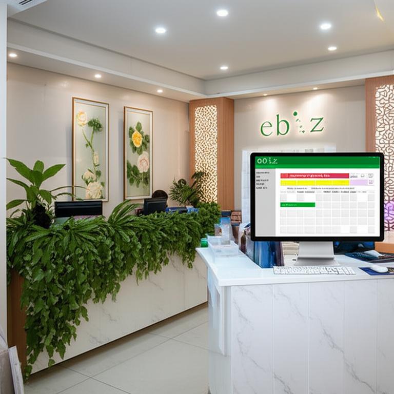 Giao diện phần mềm quản lý spa Ebiz trên máy tính tại quầy lễ tân spa.