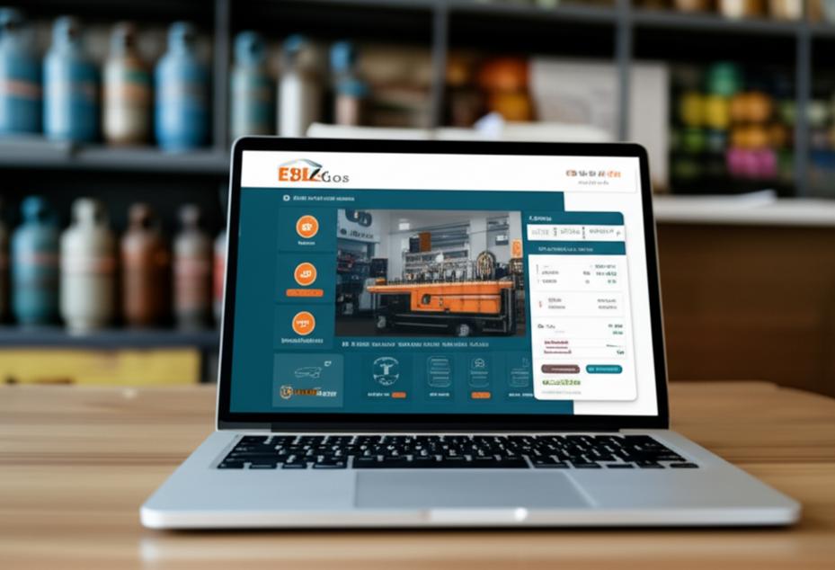 Giao diện phần mềm quản lý gas EbizGas hiển thị trên màn hình máy tính, với các biểu tượng quản lý và hình ảnh minh họa ngành gas ở phía sau.