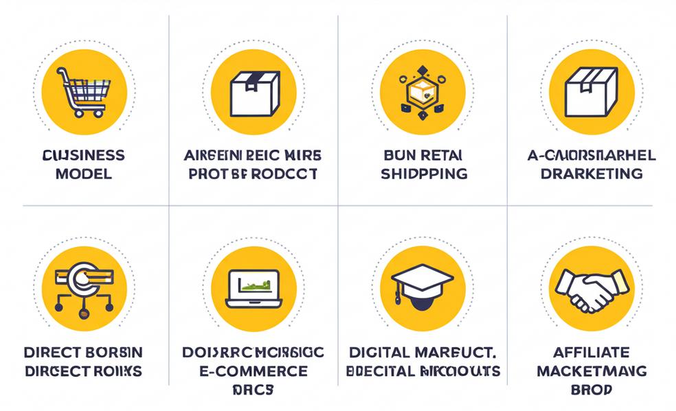 Bí Quyết Thành Công Với Mô Hình Kinh Doanh Trên Sàn Thương Mại Điện Tử: Hướng Dẫn Toàn Diện 9 Infographic detailing e-commerce business models: Direct Retail, Dropshipping, Digital Products, Affiliate Marketing, and Services.