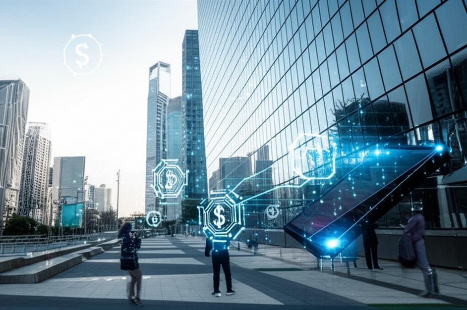 Futuristic city integrating digital finance and technology.