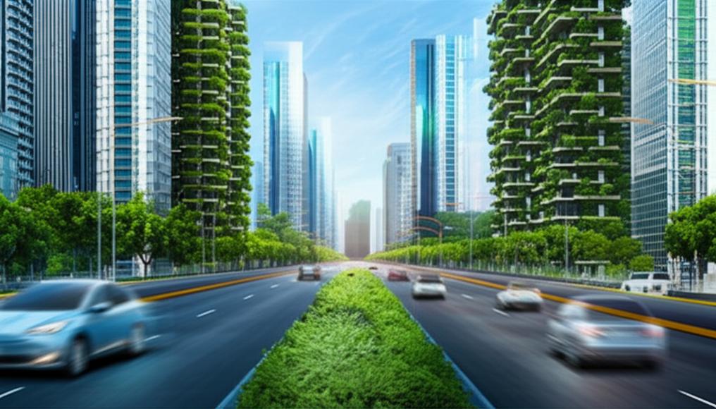 A futuristic city showcasing sustainable technology: solar panels, vertical farms, electric vehicles, and clean energy.