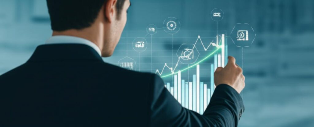 Doanh nhân phân tích biểu đồ chi phí và lợi nhuận với biểu tượng công nghệ.