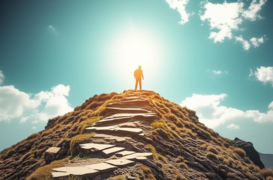 Người leo núi chinh phục đỉnh cao dưới ánh mặt trời.