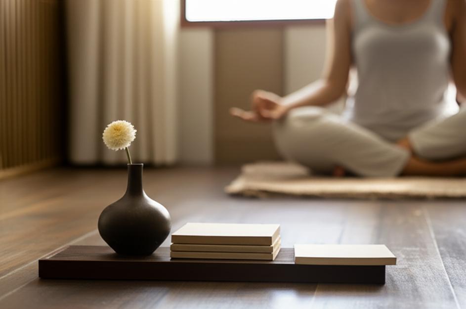 Không gian sống thanh lịch, một người thiền định trong không khí yên bình, thể hiện sự tinh tế và nội tâm.
