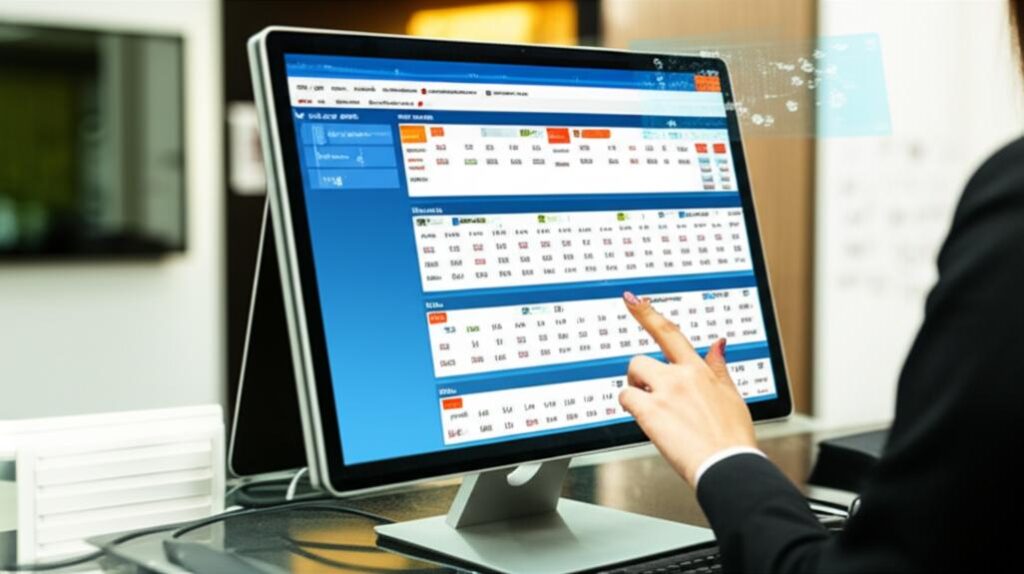 Hệ Thống Quản Lý Khách Sạn Toàn Diện: Nâng Tầm Trải Nghiệm và Tối Ưu Vận Hành 9 Sảnh lễ tân khách sạn hiện đại với nhân viên đang sử dụng hệ thống quản lý.