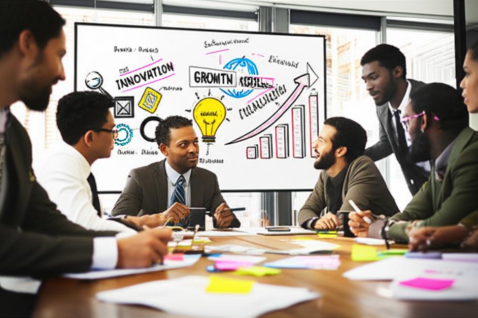 Phát Triển Tư Duy Đổi Mới: Chìa Khóa Thành Công Cho Doanh Nghiệp Thời Đại Số 4 Nhóm chuyên gia kinh doanh thảo luận ý tưởng đổi mới trên bảng trắng.