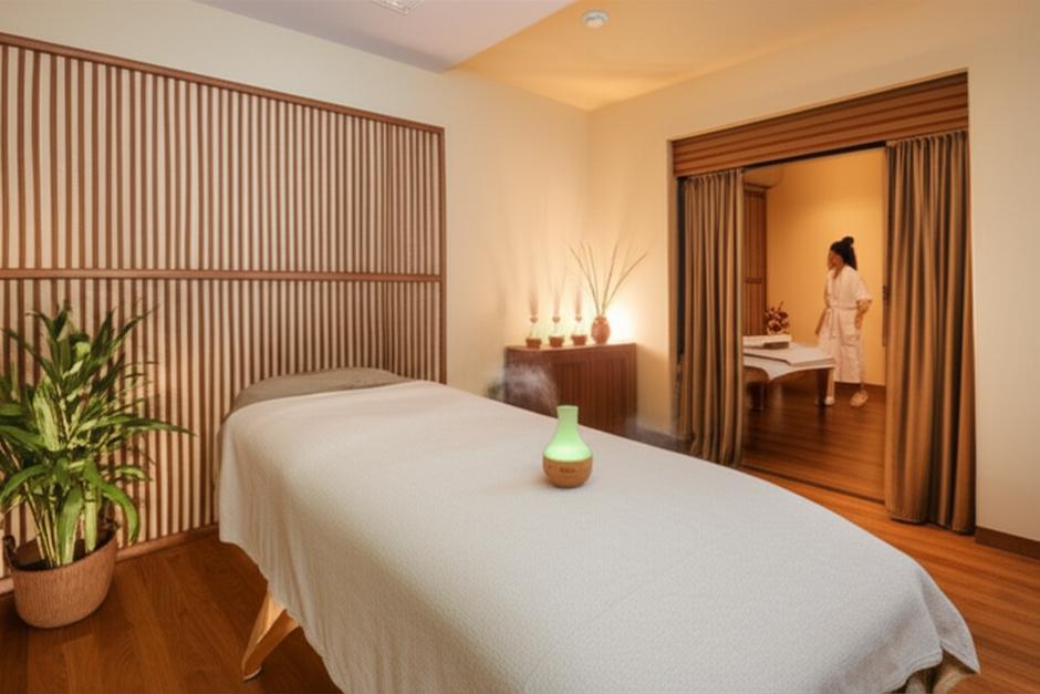 Không gian spa thư giãn với ánh sáng dịu nhẹ và cây xanh.