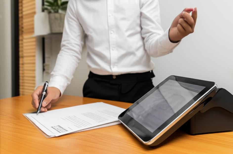 Chủ doanh nghiệp xem xét tài liệu pháp lý và hệ thống POS hiện đại.