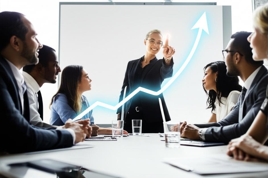 Nhóm chuyên gia cùng lãnh đạo thảo luận về tương lai với biểu tượng mũi tên hướng lên.
