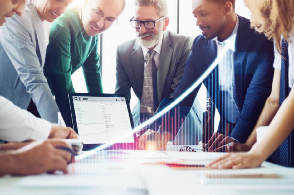 Nhóm nhà đầu tư thảo luận về biểu đồ tài chính trên máy tính bảng.