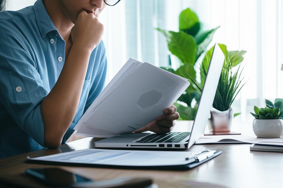 Người xem xét hồ sơ vay tiền trên laptop.