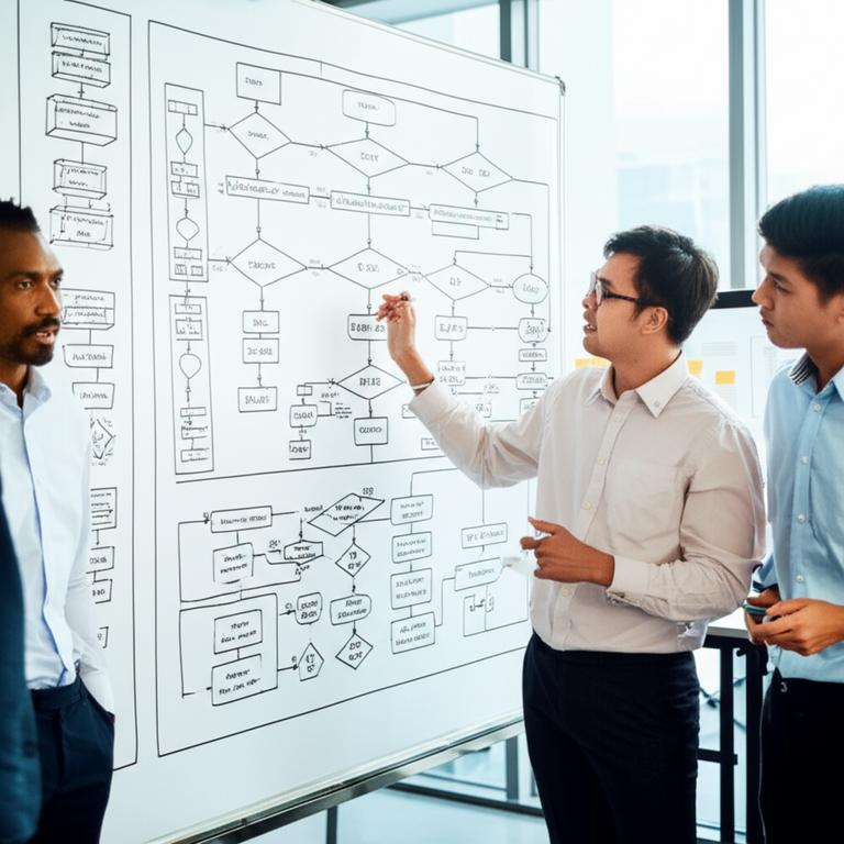 Phần mềm bán hàng offline 6 Nhóm làm việc thảo luận về biểu đồ quy trình trên bảng trắng trong văn phòng hiện đại.