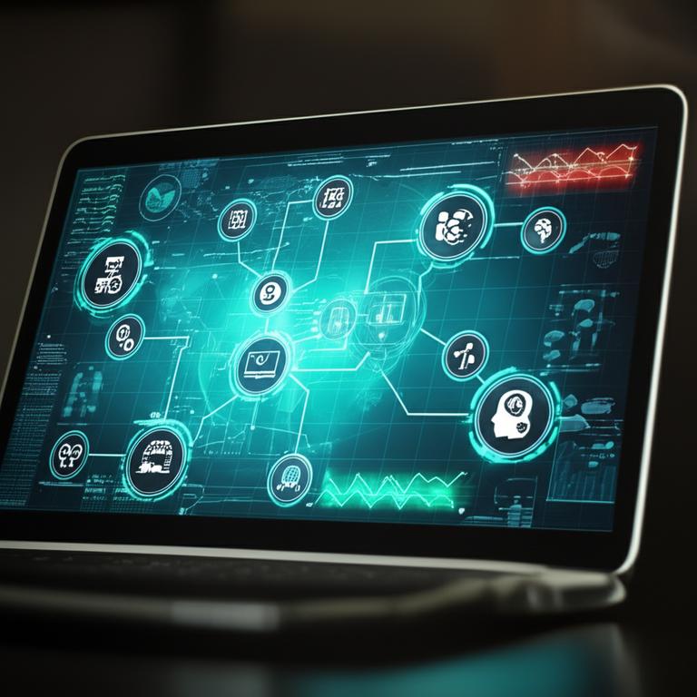 Bảng điều khiển tương lai thể hiện tự động hóa quy trình kinh doanh với các biểu tượng kết nối.