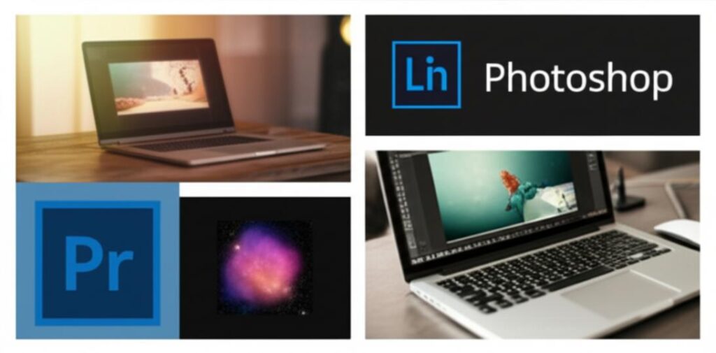 Laptop hiển thị phần mềm chỉnh sửa ảnh offline, bên cạnh là chuột và ảnh in.