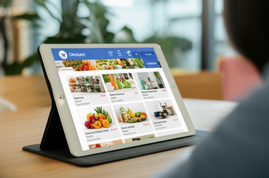Giao diện siêu thị online hiện đại trên máy tính bảng, hiển thị sự tiện lợi của mua sắm trực tuyến.