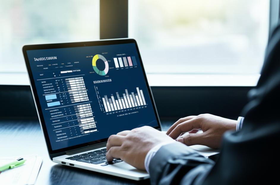 Giao diện phần mềm bán hàng tích hợp báo cáo thuế trên máy tính xách tay trong môi trường văn phòng hiện đại.