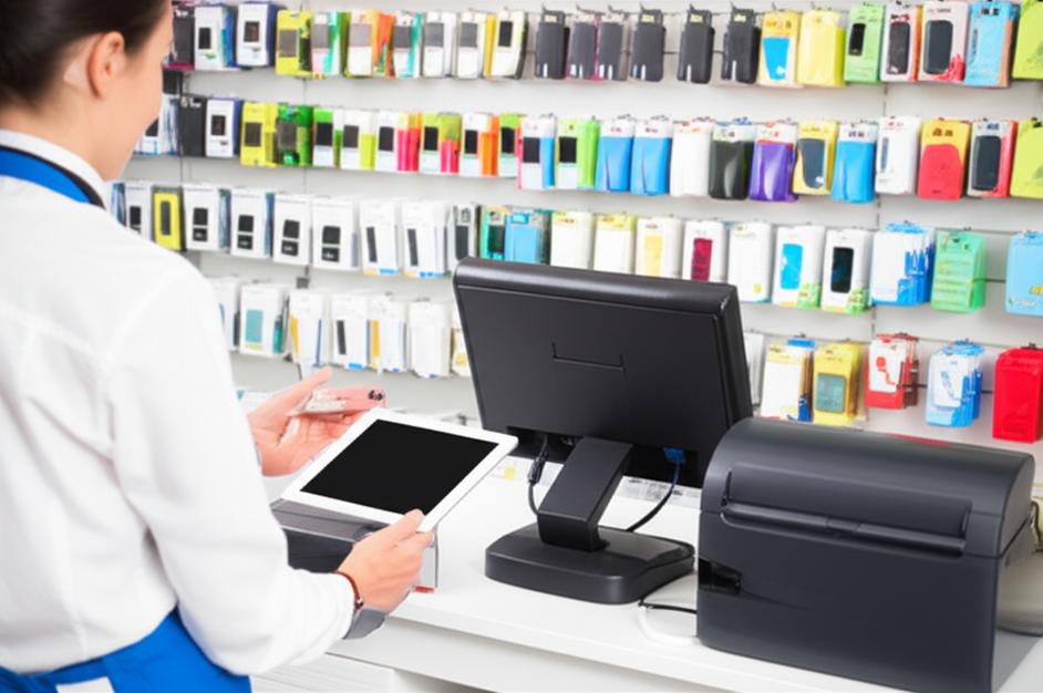 Cửa hàng phụ kiện công nghệ cao, nhân viên sử dụng phần mềm bán hàng và máy in hóa đơn.