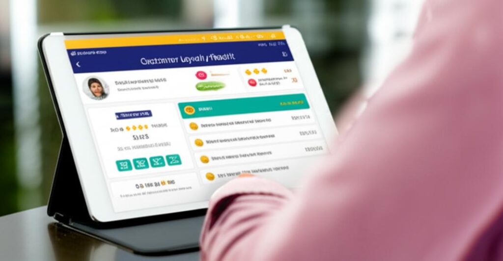 Giao diện phần mềm chăm sóc khách hàng tích điểm hiển thị trên máy tính bảng, với các biểu tượng trực quan về điểm thưởng và ưu đãi.