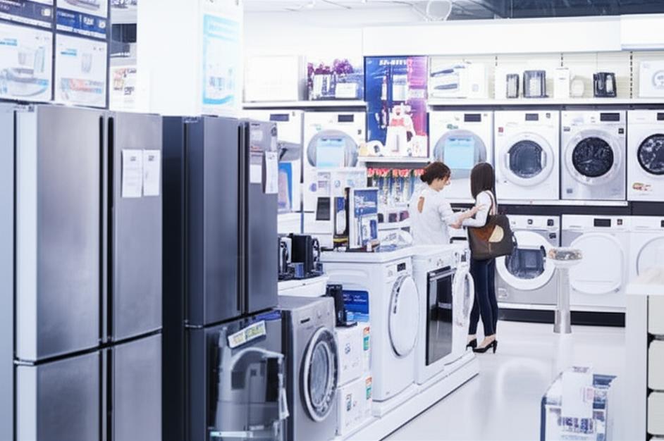 Cửa hàng đồ điện gia dụng hiện đại với nhân viên sử dụng phần mềm quản lý bán hàng trên máy tính bảng.