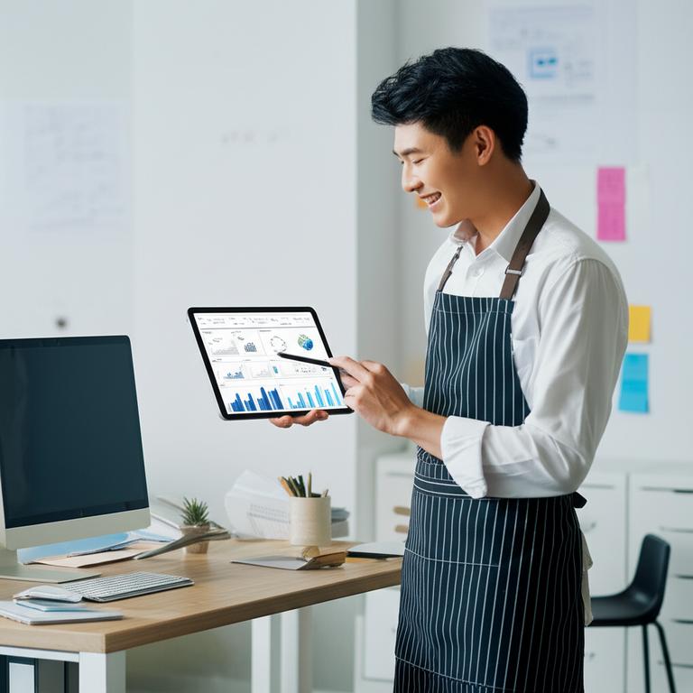 Chủ cửa hàng sử dụng máy tính bảng hiển thị bảng điều khiển quản lý bán hàng Ebiz.