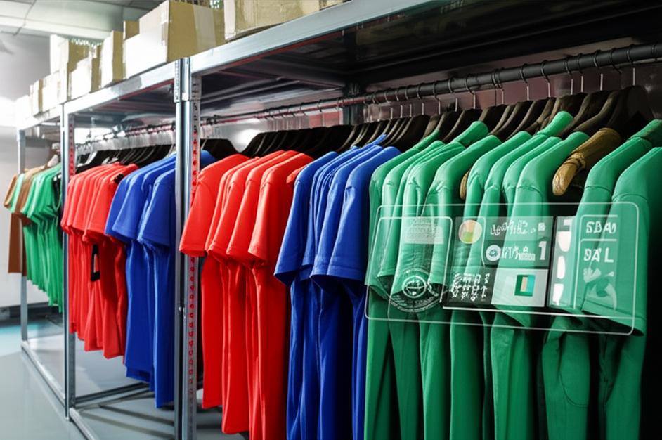 Kho hàng hiện đại quản lý quần áo theo size và màu sắc, hiển thị dữ liệu trên màn hình kỹ thuật số.