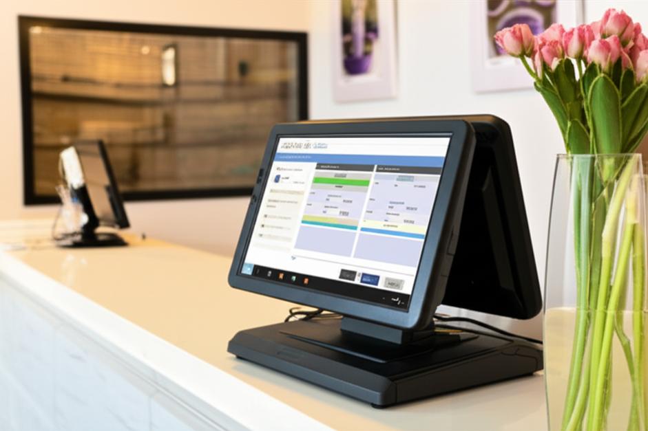 Phần Mềm Quản Lý Spa/Thẩm Mỹ Viện Không Cần Internet: Giải Pháp Tối Ưu Cho Mọi Doanh Nghiệp 9 Quầy lễ tân spa với hệ thống POS hiển thị lịch hẹn và thông tin khách hàng, hoạt động hiệu quả mà không cần internet.