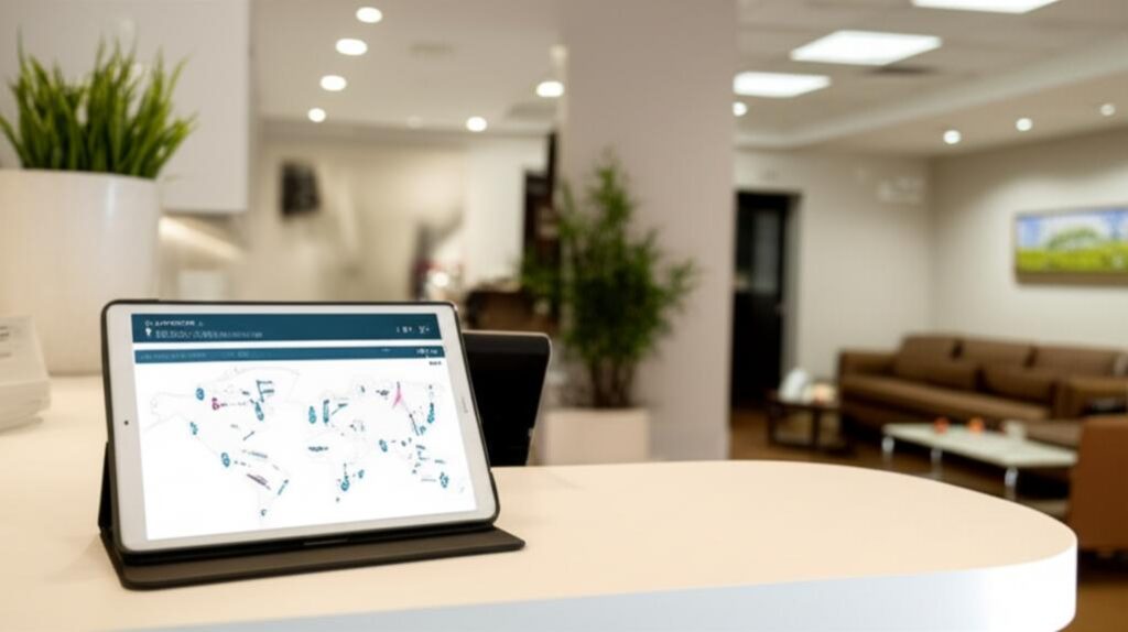 Quầy lễ tân spa hiện đại với phần mềm quản lý hiển thị trên máy tính bảng.